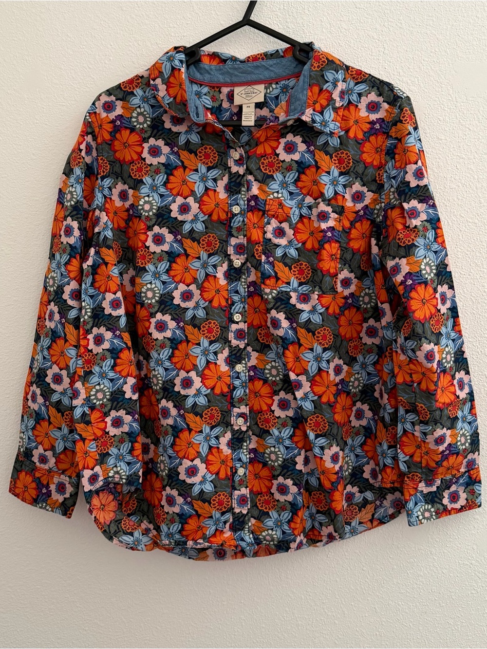 St. John's Bay Multicolor Floral Cotton Shirt — Blue, Orange & Pink